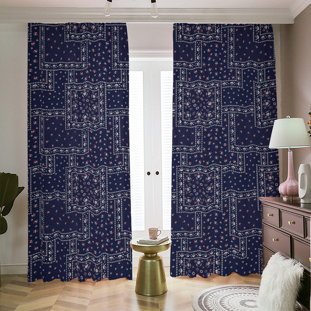 Blue Floral Patchwork Pattern Print Blackout Pencil Pleat Curtains