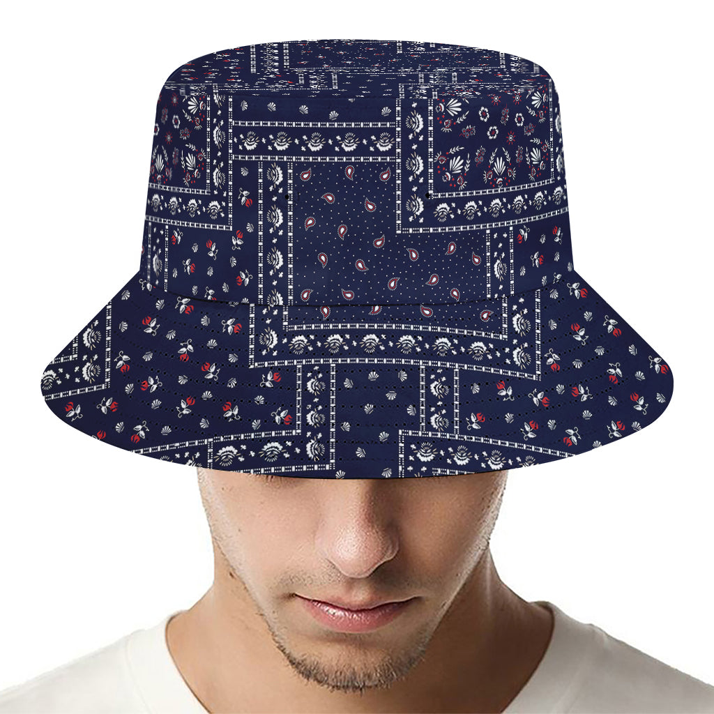 Blue Floral Patchwork Pattern Print Bucket Hat