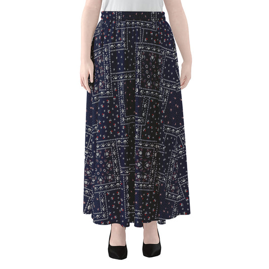 Blue Floral Patchwork Pattern Print Chiffon Maxi Skirt