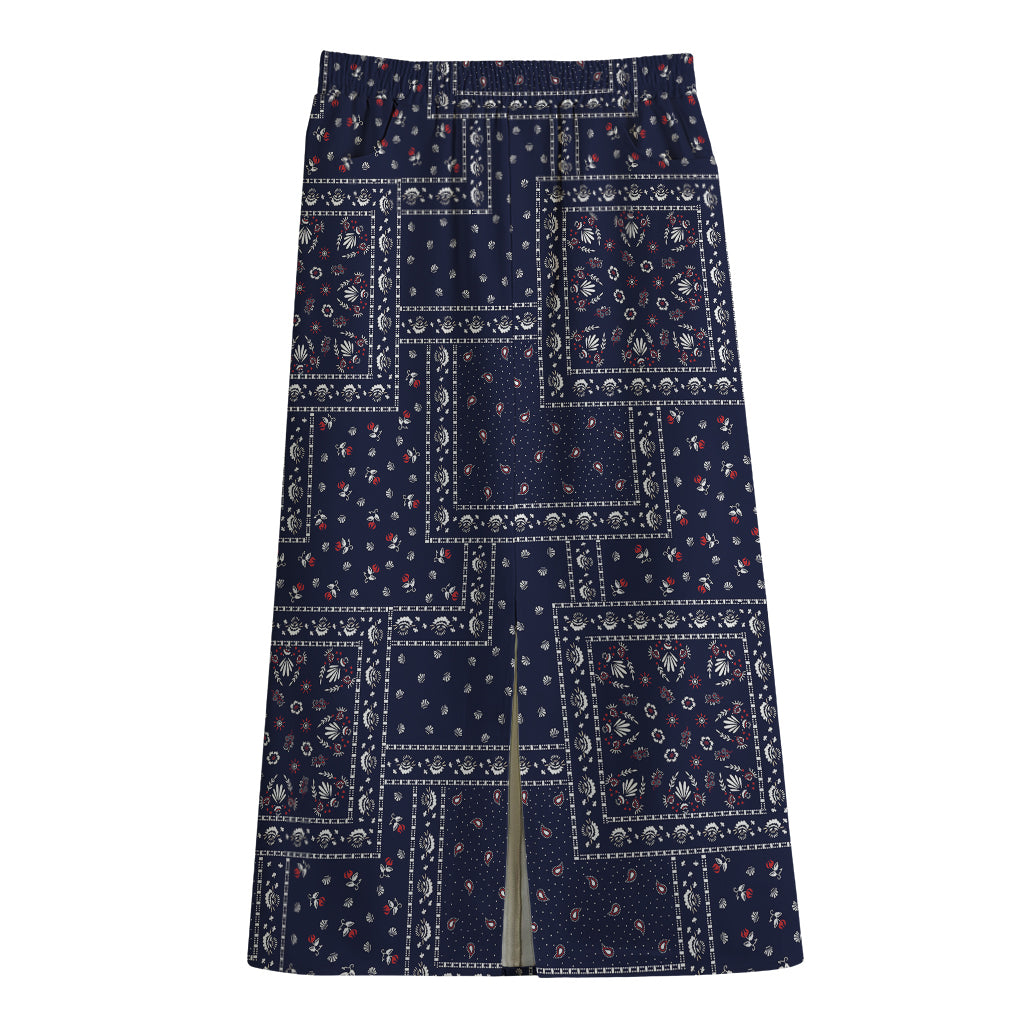 Blue Floral Patchwork Pattern Print Cotton Front Slit Maxi Skirt