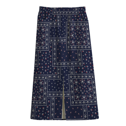 Blue Floral Patchwork Pattern Print Cotton Front Slit Maxi Skirt