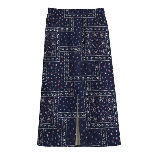 Blue Floral Patchwork Pattern Print Cotton Front Slit Maxi Skirt