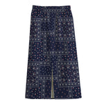 Blue Floral Patchwork Pattern Print Cotton Front Slit Maxi Skirt
