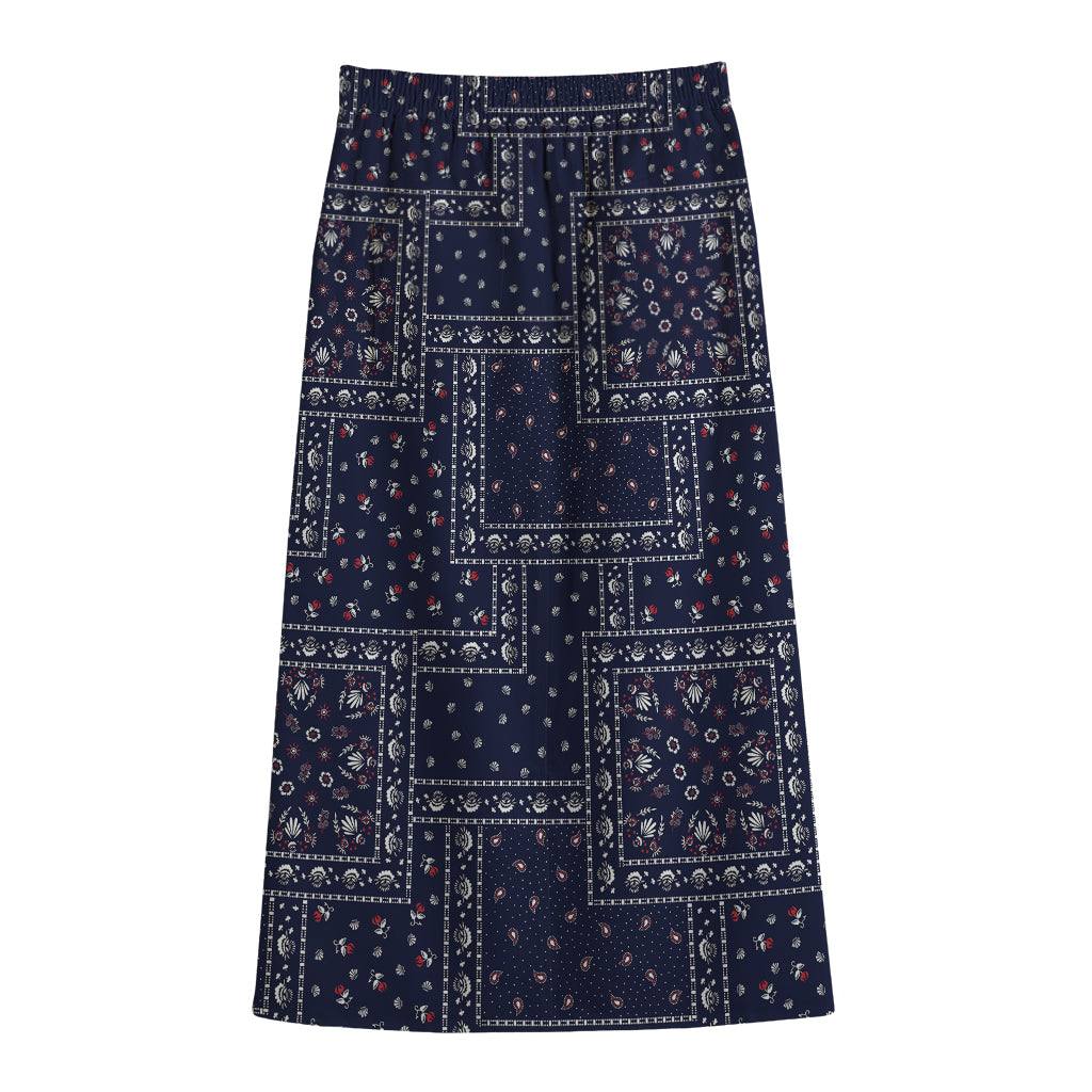 Blue Floral Patchwork Pattern Print Cotton Front Slit Maxi Skirt