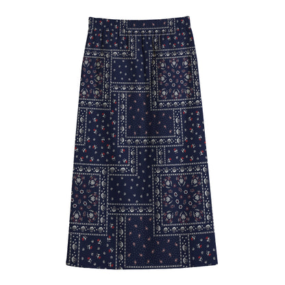 Blue Floral Patchwork Pattern Print Cotton Front Slit Maxi Skirt