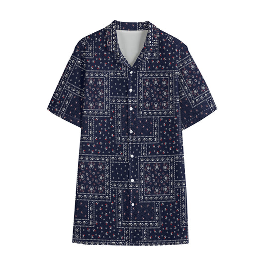 Blue Floral Patchwork Pattern Print Cotton Hawaiian Shirt