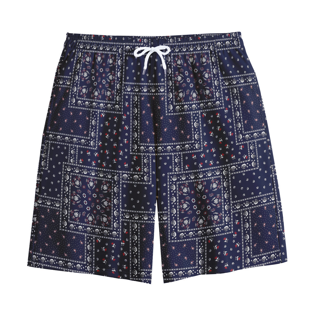 Blue Floral Patchwork Pattern Print Cotton Shorts