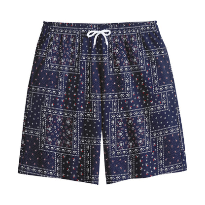 Blue Floral Patchwork Pattern Print Cotton Shorts