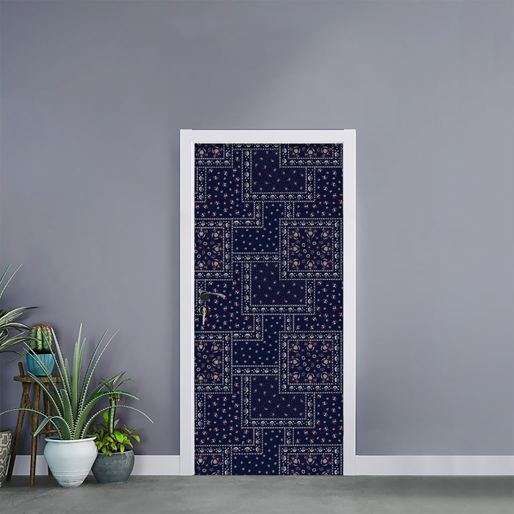 Blue Floral Patchwork Pattern Print Door Sticker