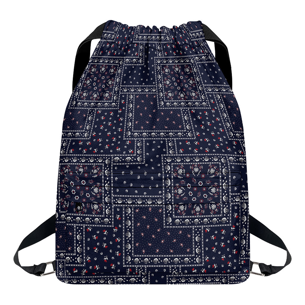 Blue Floral Patchwork Pattern Print Drawstring Backpack