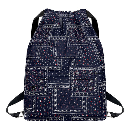 Blue Floral Patchwork Pattern Print Drawstring Backpack
