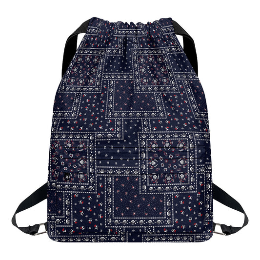 Blue Floral Patchwork Pattern Print Drawstring Backpack