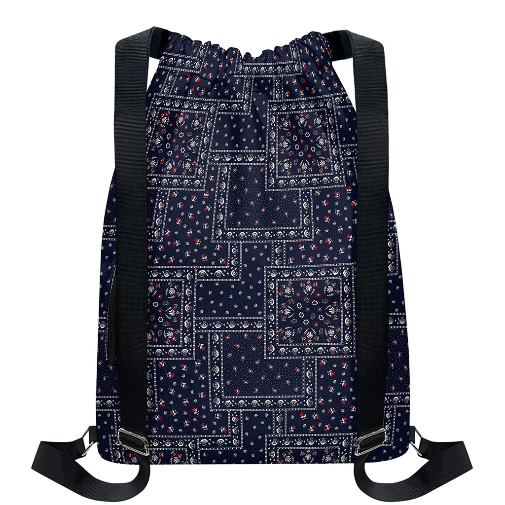 Blue Floral Patchwork Pattern Print Drawstring Backpack