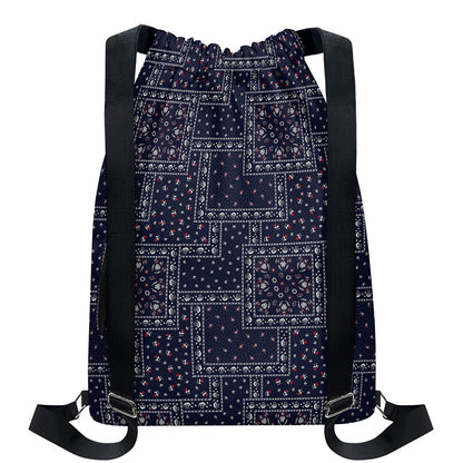 Blue Floral Patchwork Pattern Print Drawstring Backpack