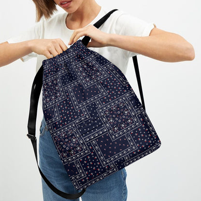 Blue Floral Patchwork Pattern Print Drawstring Backpack