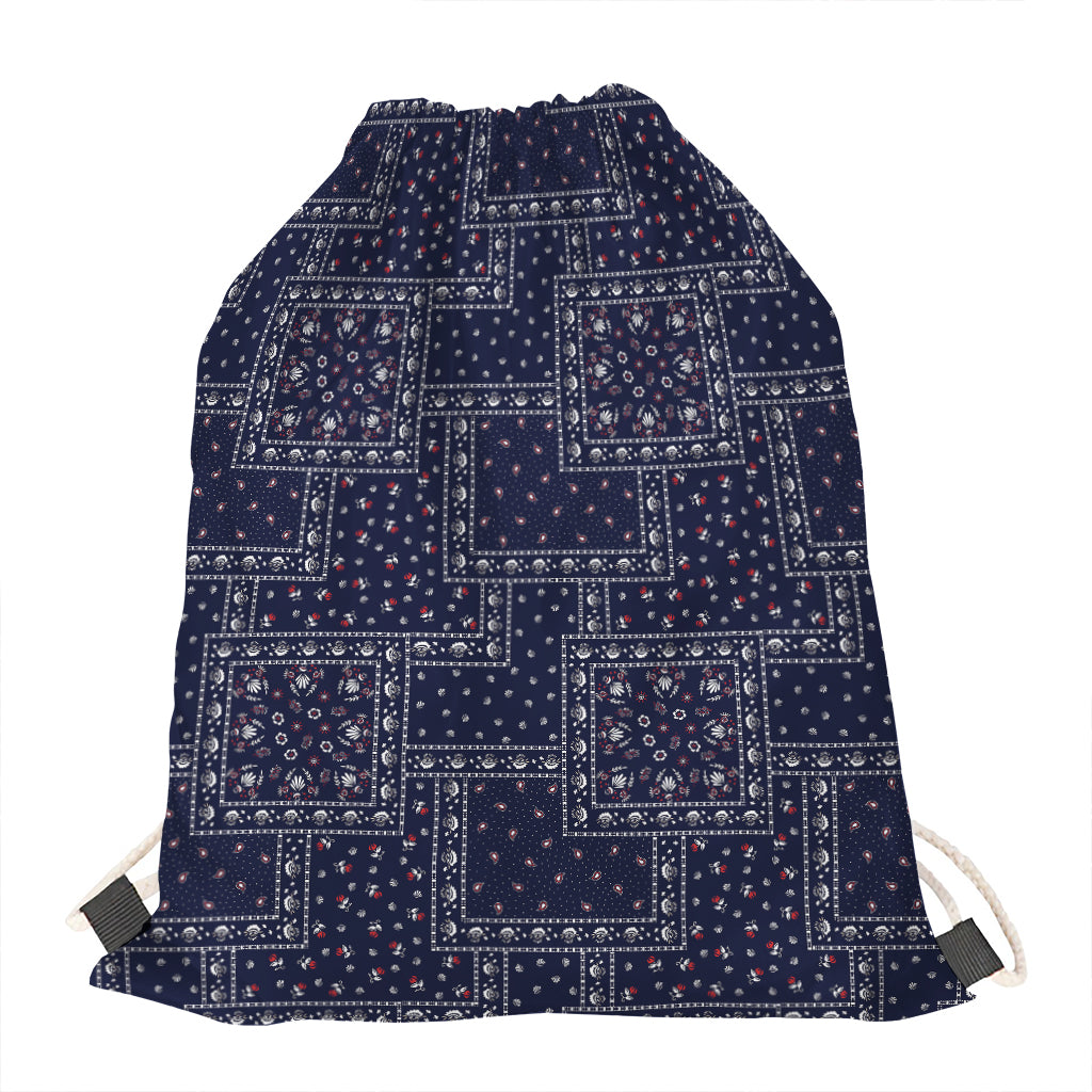Blue Floral Patchwork Pattern Print Drawstring Bag