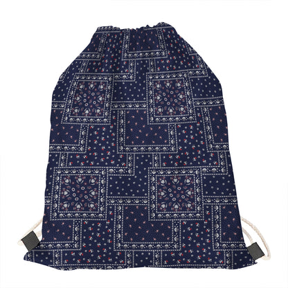 Blue Floral Patchwork Pattern Print Drawstring Bag