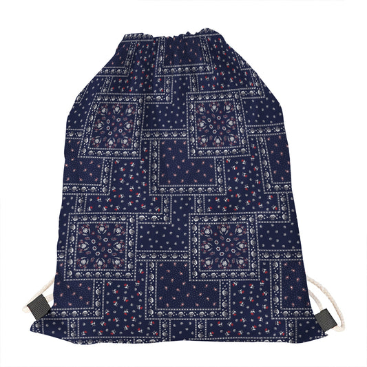 Blue Floral Patchwork Pattern Print Drawstring Bag
