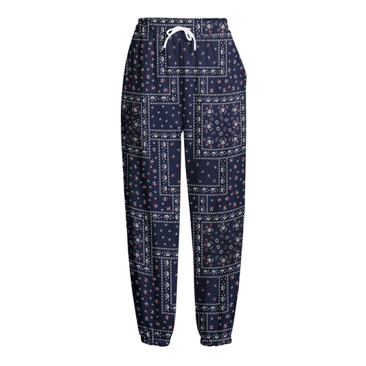 Blue Floral Patchwork Pattern Print Fleece Lined Knit Pants
