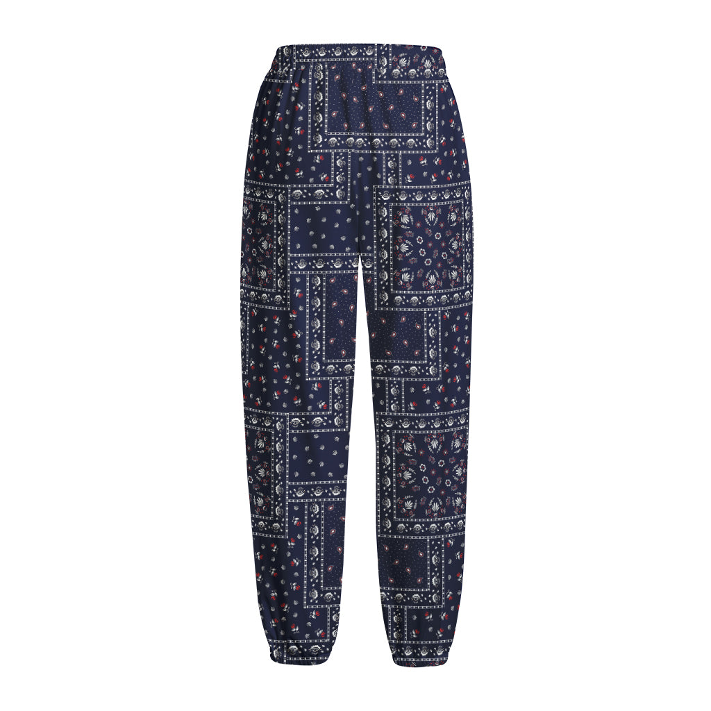 Blue Floral Patchwork Pattern Print Fleece Lined Knit Pants
