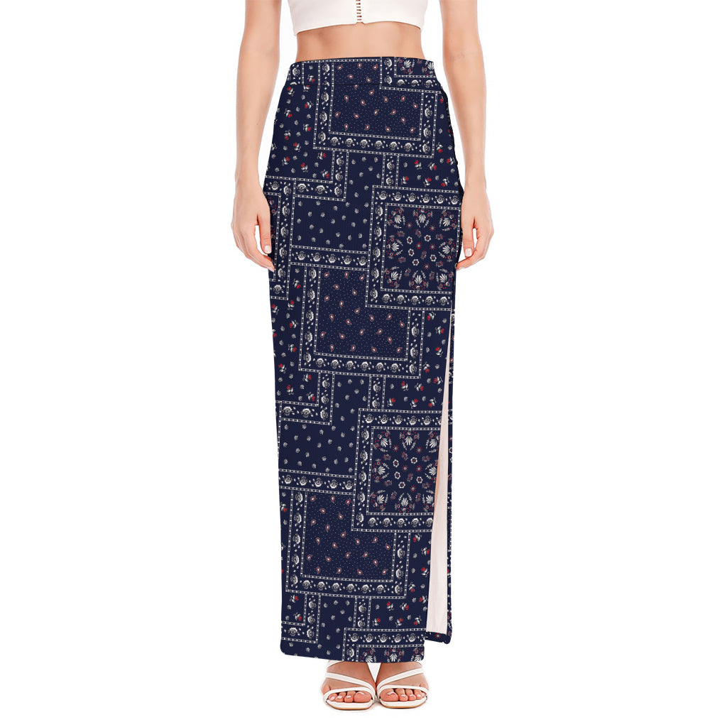 Blue Floral Patchwork Pattern Print High Slit Maxi Skirt