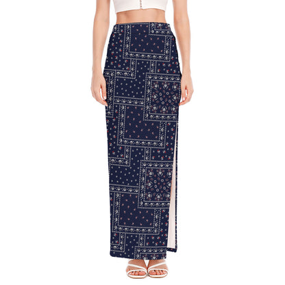Blue Floral Patchwork Pattern Print High Slit Maxi Skirt