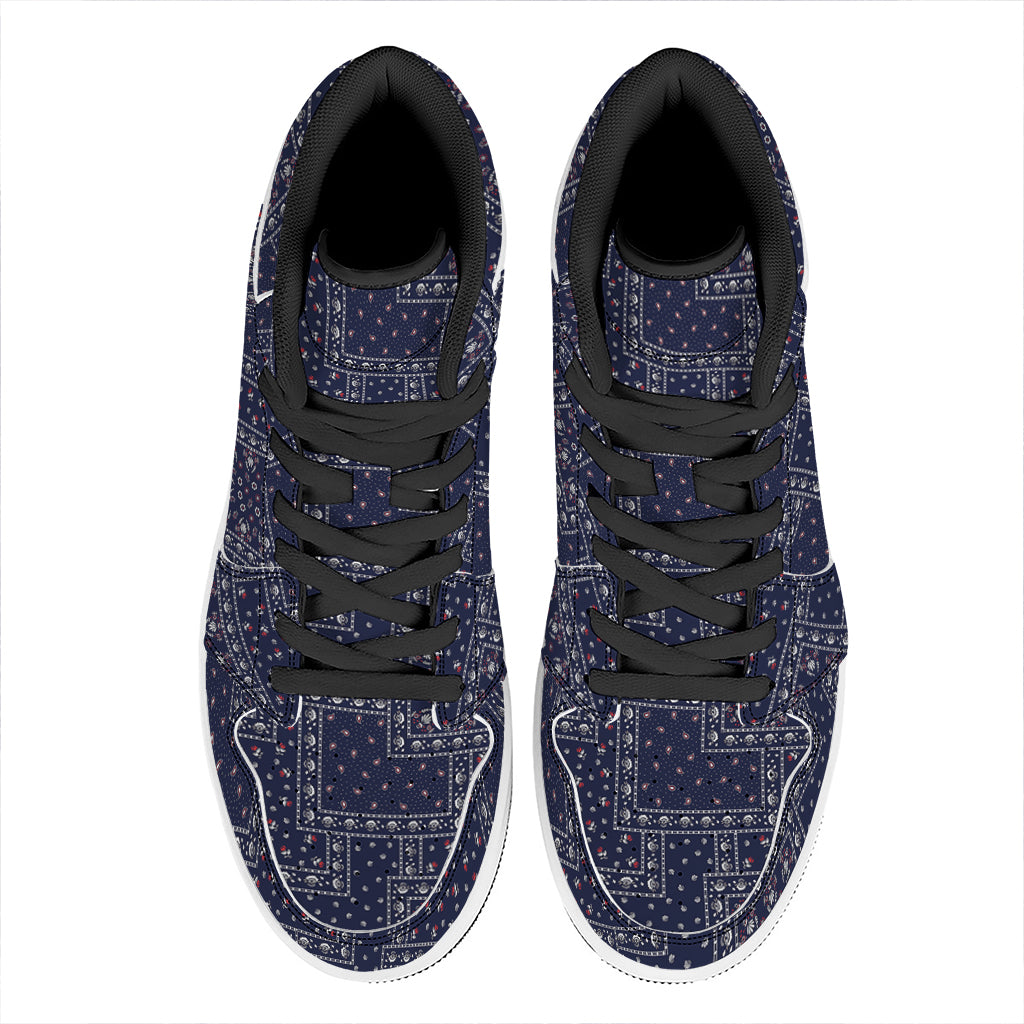 Blue Floral Patchwork Pattern Print High Top Leather Sneakers