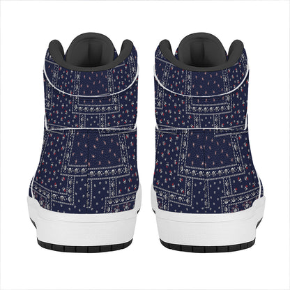 Blue Floral Patchwork Pattern Print High Top Leather Sneakers