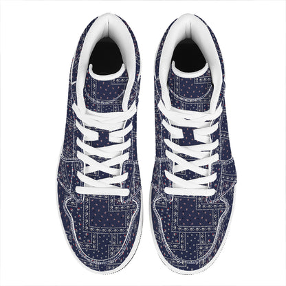 Blue Floral Patchwork Pattern Print High Top Leather Sneakers