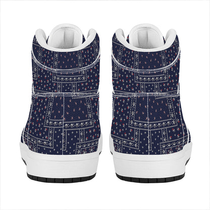 Blue Floral Patchwork Pattern Print High Top Leather Sneakers