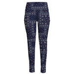 Blue Floral Patchwork Pattern Print High-Waisted Pocket Leggings