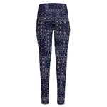 Blue Floral Patchwork Pattern Print High-Waisted Pocket Leggings