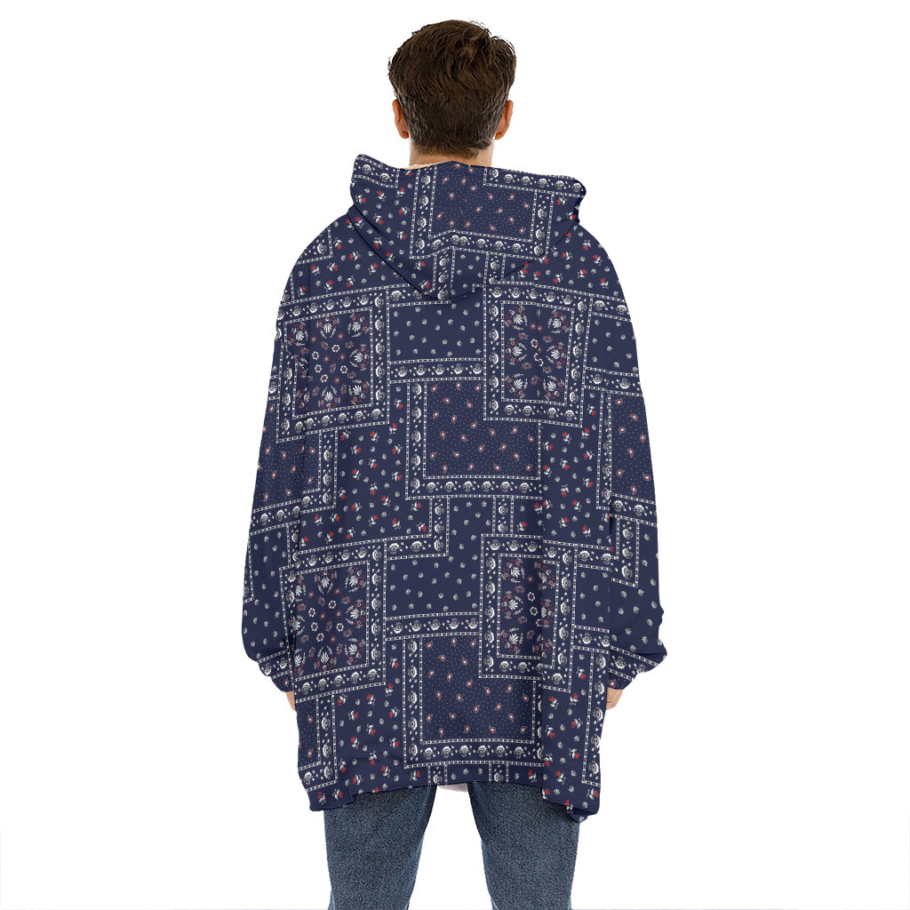 Blue Floral Patchwork Pattern Print Hoodie Blanket