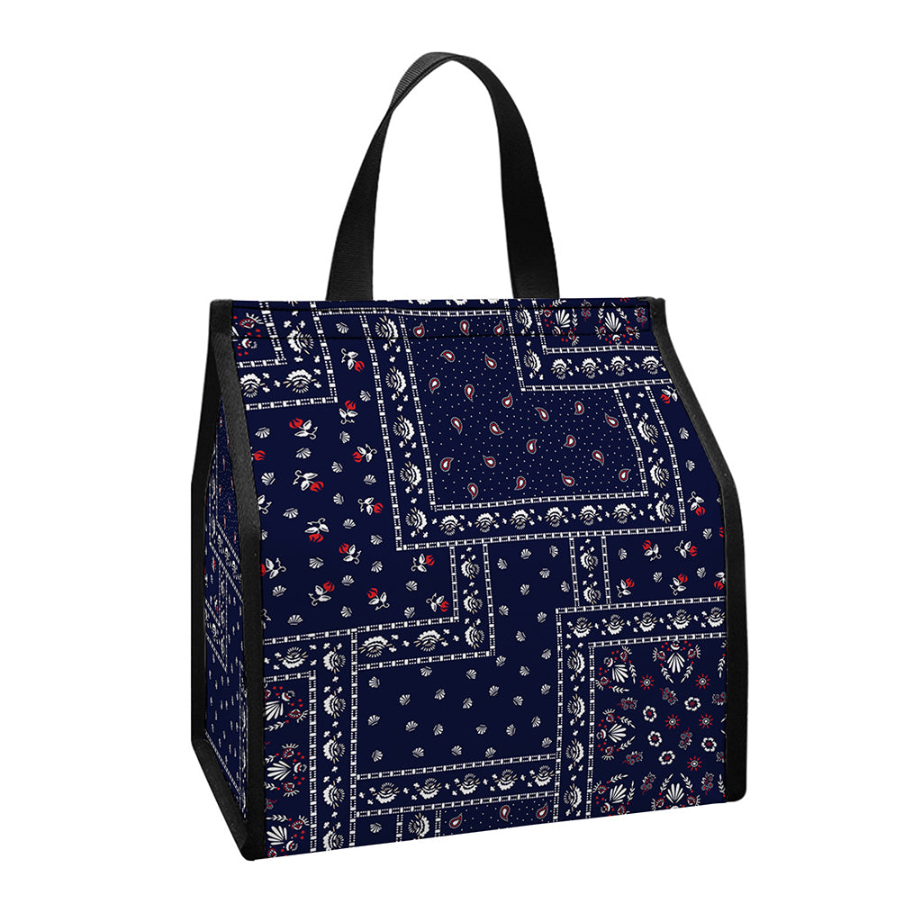 Blue Floral Patchwork Pattern Print Insulated Lunch Tote