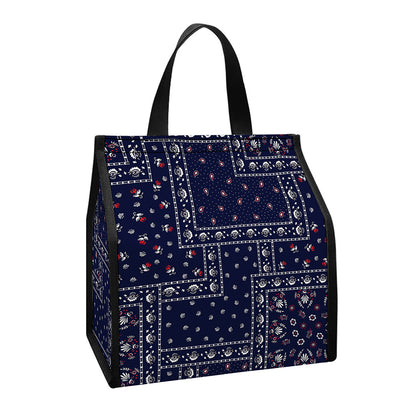 Blue Floral Patchwork Pattern Print Insulated Lunch Tote