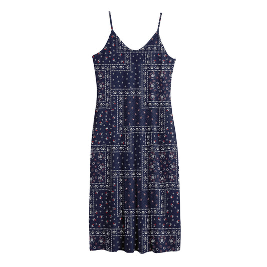 Blue Floral Patchwork Pattern Print Jersey Midi Cami Dress