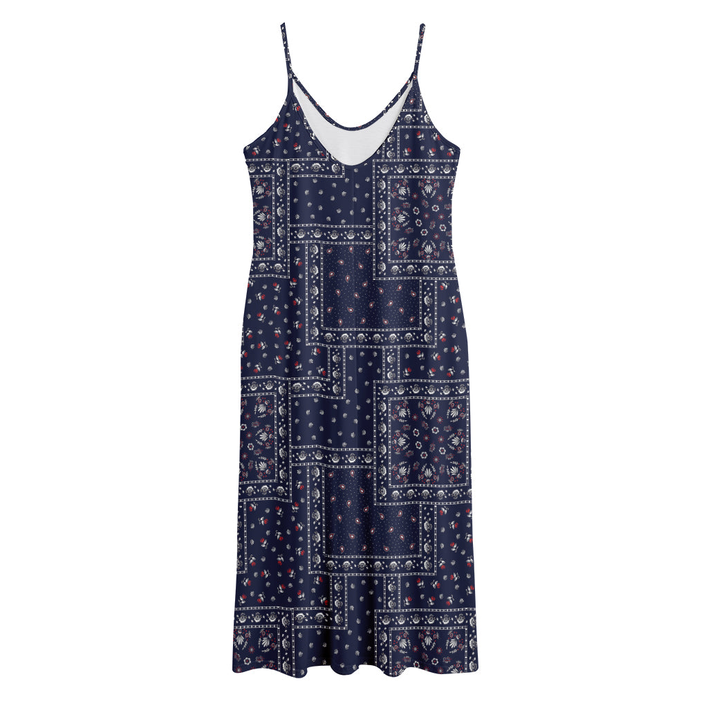 Blue Floral Patchwork Pattern Print Jersey Midi Cami Dress