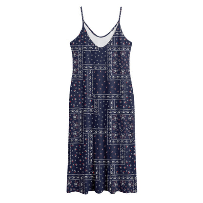 Blue Floral Patchwork Pattern Print Jersey Midi Cami Dress