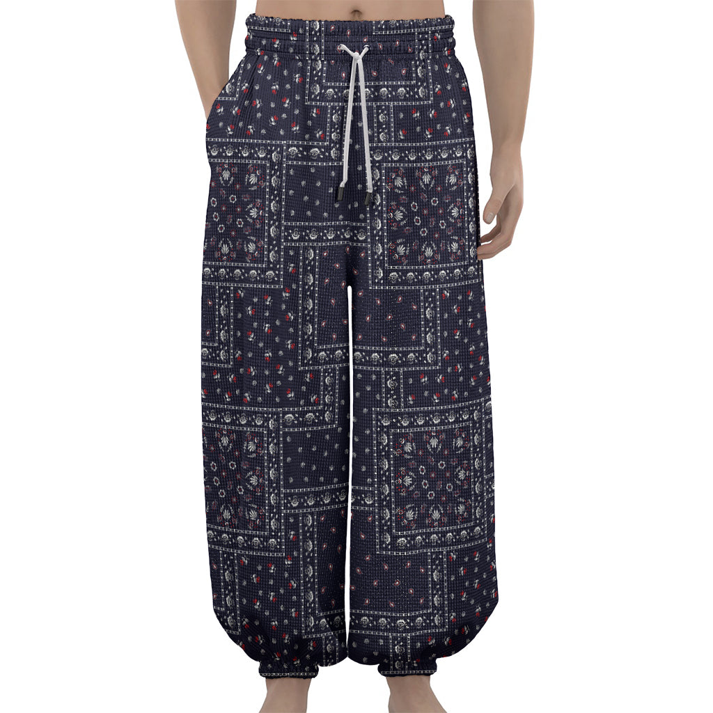 Blue Floral Patchwork Pattern Print Lantern Pants