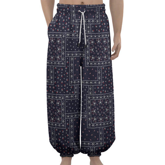 Blue Floral Patchwork Pattern Print Lantern Pants