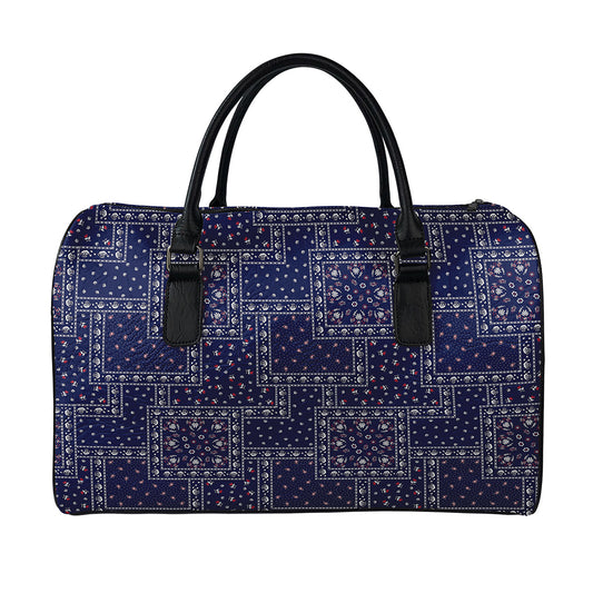 Blue Floral Patchwork Pattern Print Leather Duffle Bag