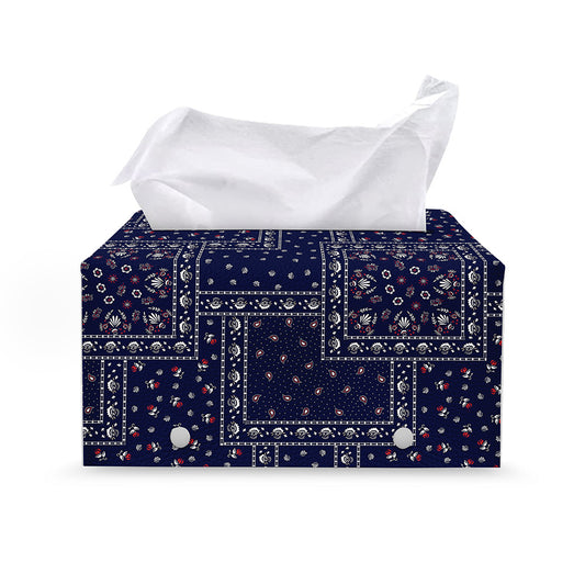 Blue Floral Patchwork Pattern Print Leather Tissue Box Cover