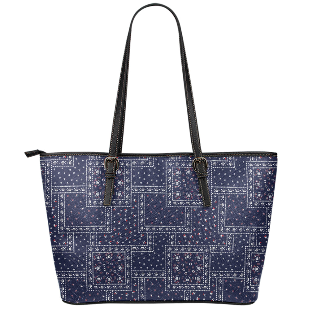 Blue Floral Patchwork Pattern Print Leather Tote Bag