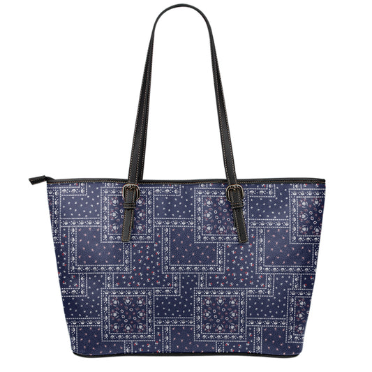 Blue Floral Patchwork Pattern Print Leather Tote Bag