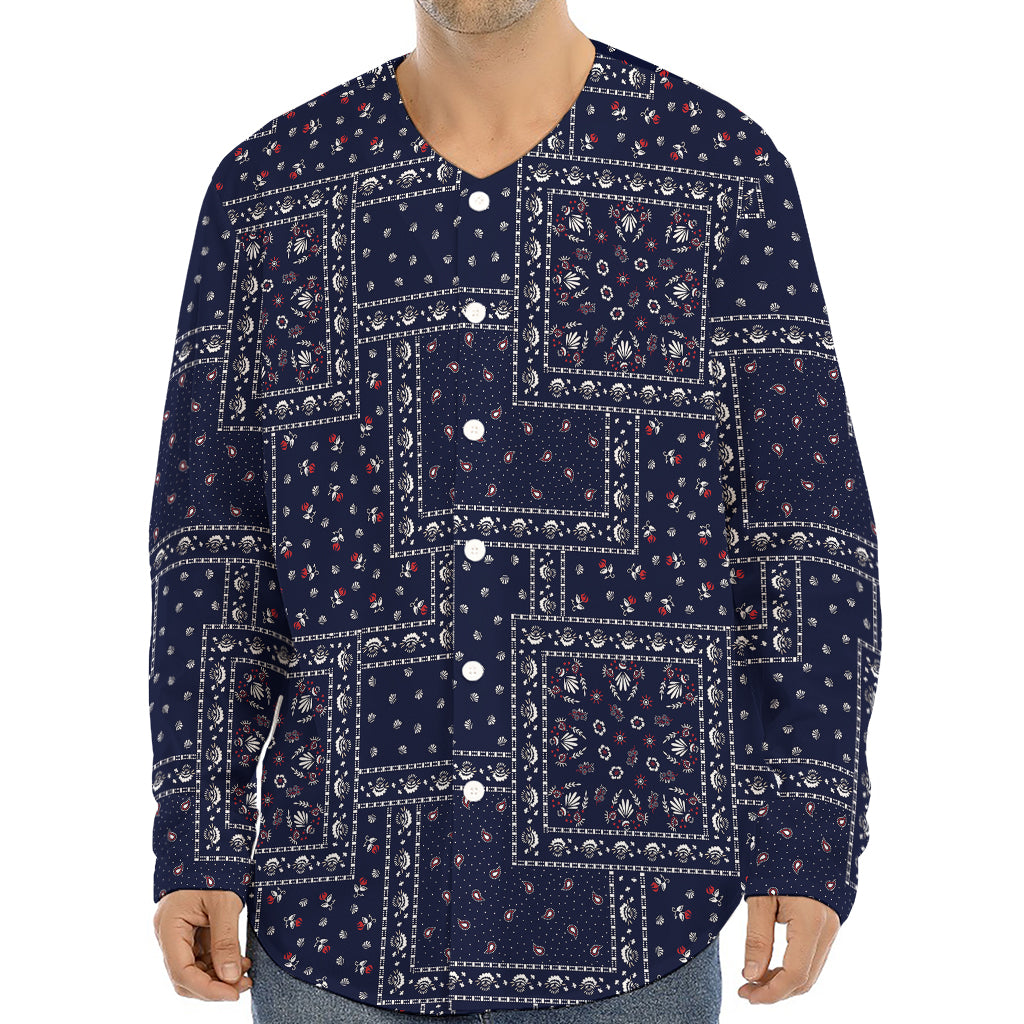 Blue Floral Patchwork Pattern Print Long Sleeve Baseball Jersey