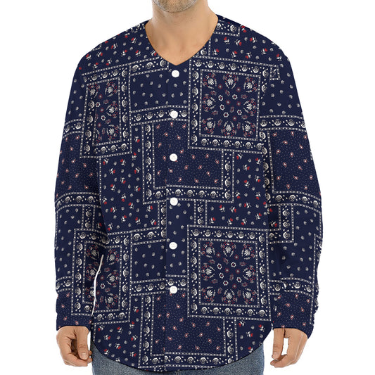 Blue Floral Patchwork Pattern Print Long Sleeve Baseball Jersey