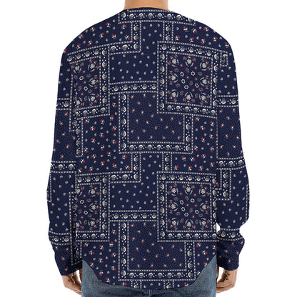 Blue Floral Patchwork Pattern Print Long Sleeve Baseball Jersey