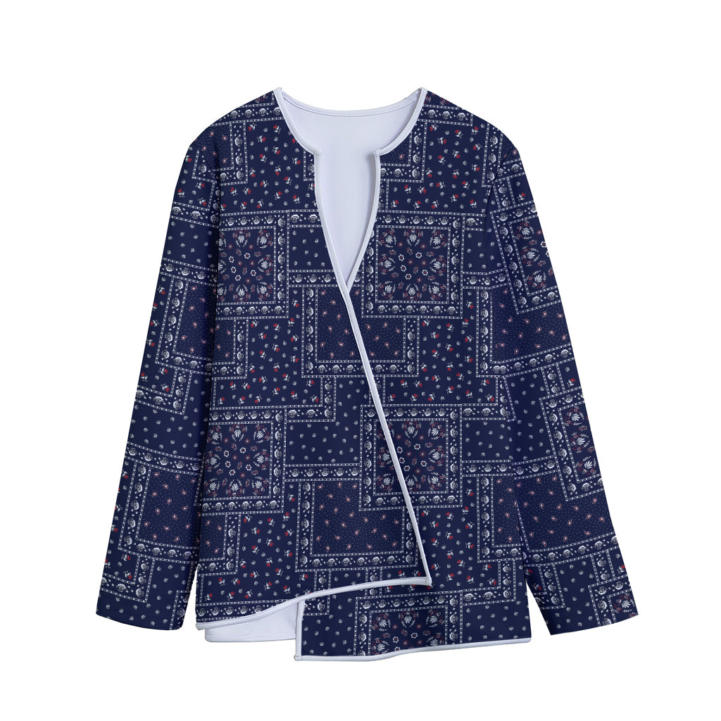 Blue Floral Patchwork Pattern Print Long Sleeve Short Coat