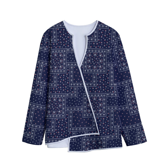 Blue Floral Patchwork Pattern Print Long Sleeve Short Coat
