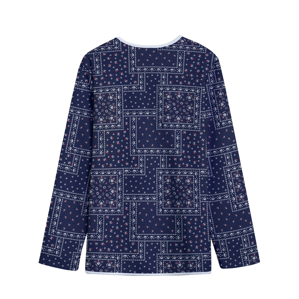 Blue Floral Patchwork Pattern Print Long Sleeve Short Coat